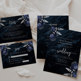 Navy Blau Silber Blumen-Achat Schrift Hochzeit RSV Begleitkarte