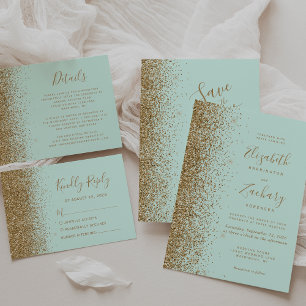 Moderne grüne Hochzeit mit goldenem Glitter RSVP Karte