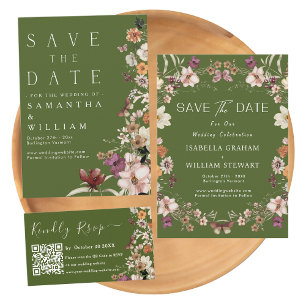 Boho Wildblume Rustic Moss Green Save the Date Einladung