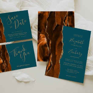 Burnt Orange Agate Gold Aquamarine Hochzeit RSVP Karte