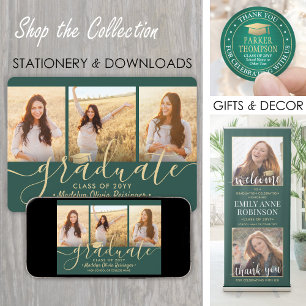 3 Foto Collage Script Green Gold Graduation Party Einladung