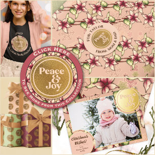 Peace & Joy, Pink, Burgund, Gold Poinsettia Foto Feiertagskarte