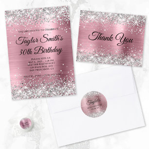 Silver Glitzer Light Pink Monogram 50. Geburtstag Einladung