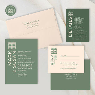 Minimale moderne vietnamesisch-englische Hochzeit  All In One Einladung