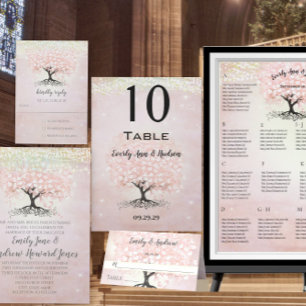 Elegantes rosafarbenes Herzblatt-Baum-Hochzeit All In One Einladung