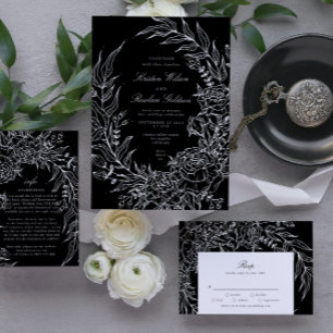 Editable Black Blume White Wreath Wedding RSVP Karte