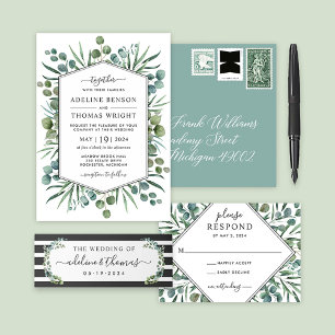 Elegant Eukalyptus Geometric Greenerity Wedding RSVP Karte