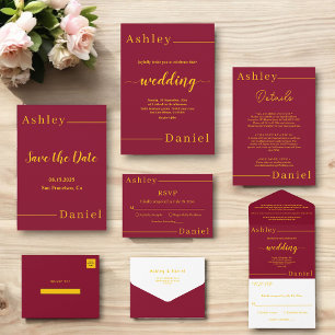 Moderne, einfache Hochzeit in Burgund und Gold RSVP Karte