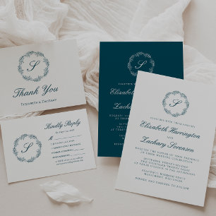 Monogramm Teal Blau Kranz Hochzeit RSVP Karte