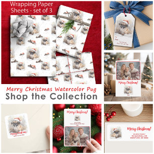 Aquarellfarbener Mops in der Weihnachtsmannmütze W Geschenkpapier Set