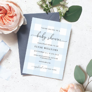 Blue Gingham All in One Baby Dusche Einladung