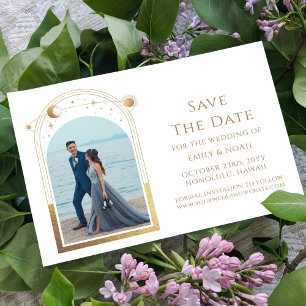 Celestial White Gold Sun Moon Stars Hochzeit RSVP Karte