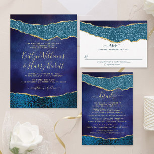 Elegant Navy Blue & Gold Agate Wedding Real Folieneinladung