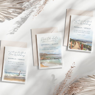Malibu   Dolphins Beach Watercolor Wedding Einladung