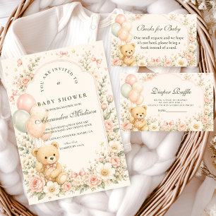 Süße Teddybär-Blumen-Baby-Party Einladung