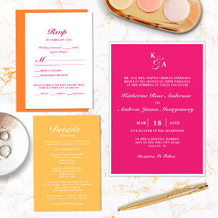 Modern Bright Hot Pink & White Monogram Wedding In Einladung