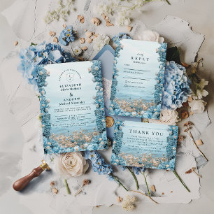 Pastellfarbene Küstenblaue Blumen Hochzeit Dankeskarte