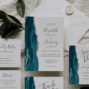 Moderne Aquamarine Silver Agate Wedding RSVP Card