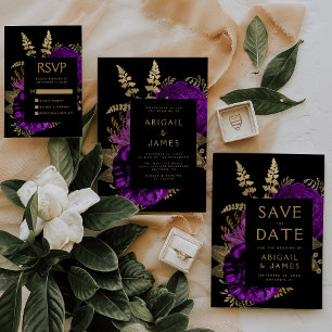 Moody Dark Floral Purple Gold Wedding RSVP Begleitkarte