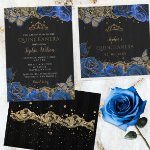 Vintag Blue Rose Black Gold Lace Quinceañera Runder Aufkleber