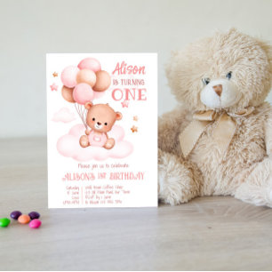 Teddybär aus rosa und braunen Bogen mit Ballons Pa Einladung