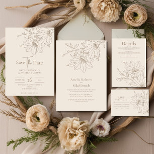 Elegante Moderne Beige Lineart Floral Wedding Einladung