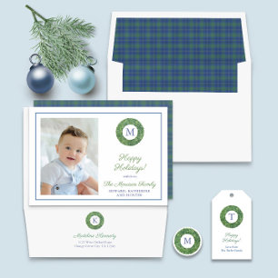 Preppy Chic Boxwood Wreath Monogram Happy Holidays Geschenkanhänger