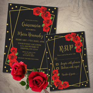 Rote Rose Black und Gold Quinceñera Runder Aufkleber