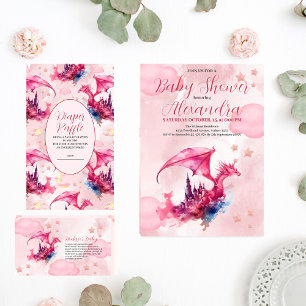 Whimsisches Aquarell Rosa Drachenbücher für Baby Begleitkarte