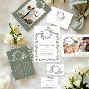 Wreath Monogram Sage Green Elegant Frame Wedding Einladung
