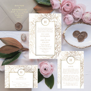 Elegante Classic Gold Foil Monogram Wreath Wedding Einladung