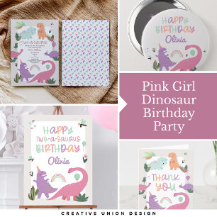 Pink Girl Dinosaur Happy Birthday Button