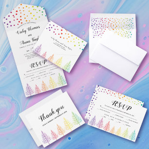 Regenbogenfarben Bäume, Konfetti-Lesben-Hochzeit RSVP Karte