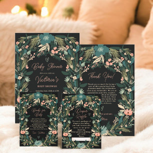 Whimsical Elegant Green Pink Floral Baby Dusche Dankeskarte