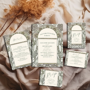 Bougainvillea Green Art Nouveau Mucha Wedding RSVP Karte
