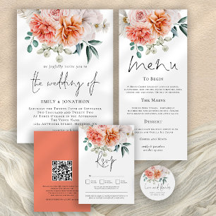 Peach Peonies Florals 3 Fotos QR Code Hochzeit Einladung
