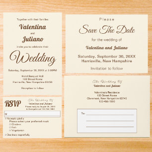 Minimalist Elfenbein mit brauner Text Hochzeit Einladung
