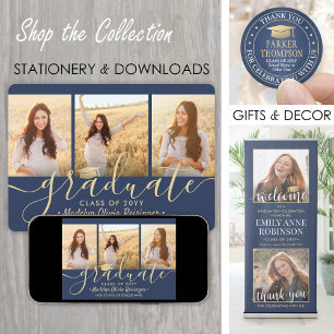 4 Foto Abschluss Collage Script Navy Blue & Gold Ankündigung