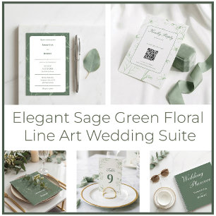 Elegante Grüne Salbei Blumen Line Art Hochzeit Tischnummer
