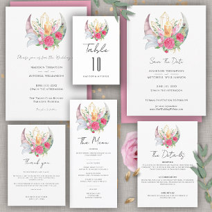 Boho Mond Kristalle Federn Rosa Blumen Hochzeit  Save The Date