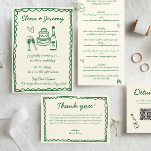 Hand Drawn Scribble Vintag Green French Wedding Dankeskarte