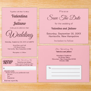 Minimalistisches Rosa mit dunkelrotem Text Hochzei RSVP Karte