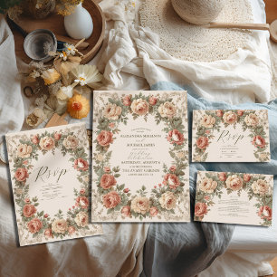 Olive & Orange Wedding Vintag Art Nouveau Floral RSVP Karte