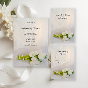 White Tulip Bouquet Spring Wedding RSVP Card