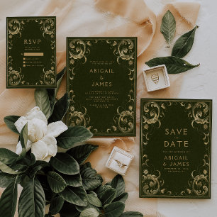 Vintage Olive Green Gold Hochzeit retten Datum Einladung