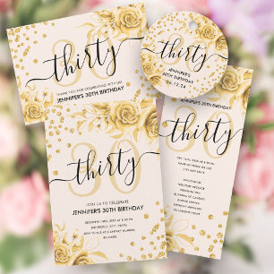 Gold Floral Glitzer 30. Geburtstagsprogramme Einladung