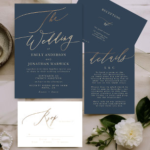 Blue Info Unterkunft Gold Wedding RSVP Karte
