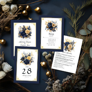 Hochzeit von Navy Blue und Gold Floral RSVP Karte