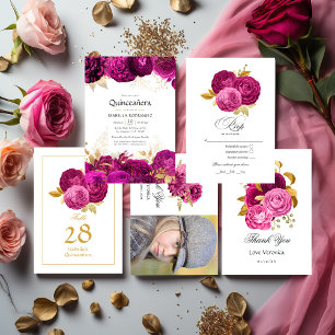 Heiß rosa und goldene, florale Quinceñera Tischnummer