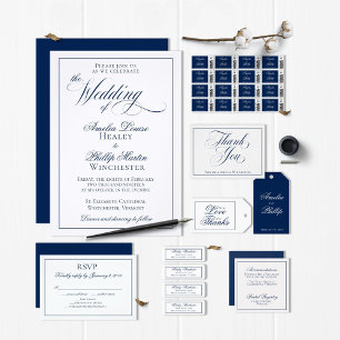 Elegante Navy Blue and White Wedding Einladung